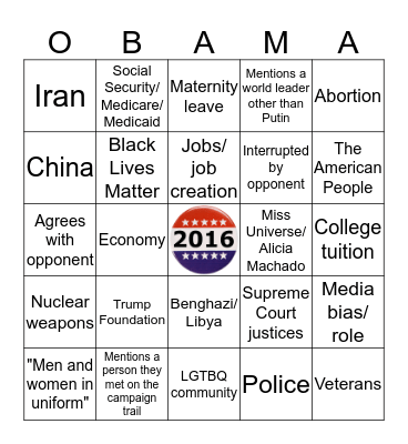 POTUS Debate 10/9/16 #2B Bingo Card
