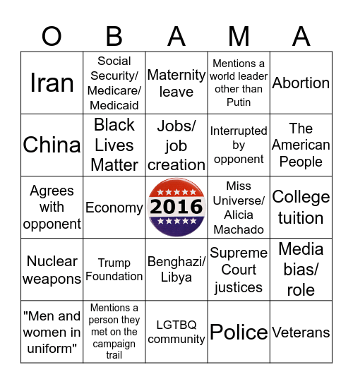 POTUS Debate 10/9/16 #2B Bingo Card