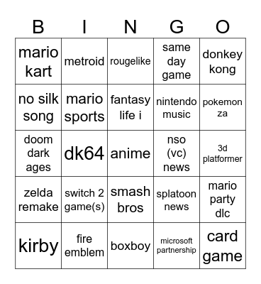 nintendo Bingo Card
