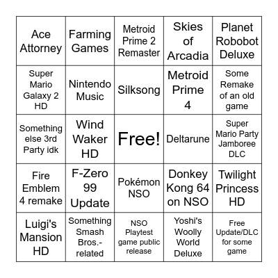 Nintendo Direct 3/27/2025 Bingo Card