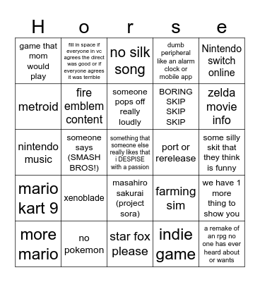 nintendo direct bingo Card