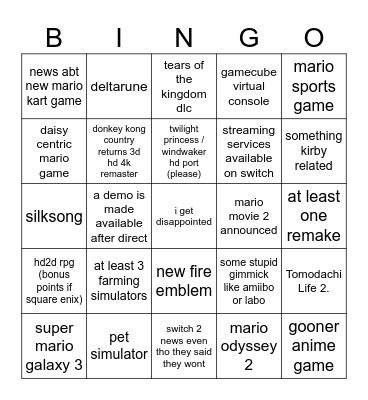 Nintendo Direct Bingo Card