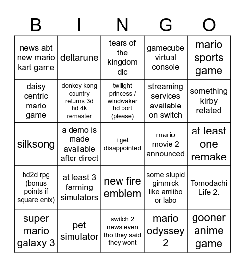 Nintendo Direct Bingo Card