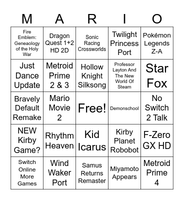 Nintendo Direct 3/27/25 Bingo Card