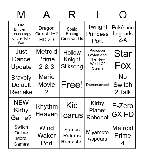 Nintendo Direct 3/27/25 Bingo Card