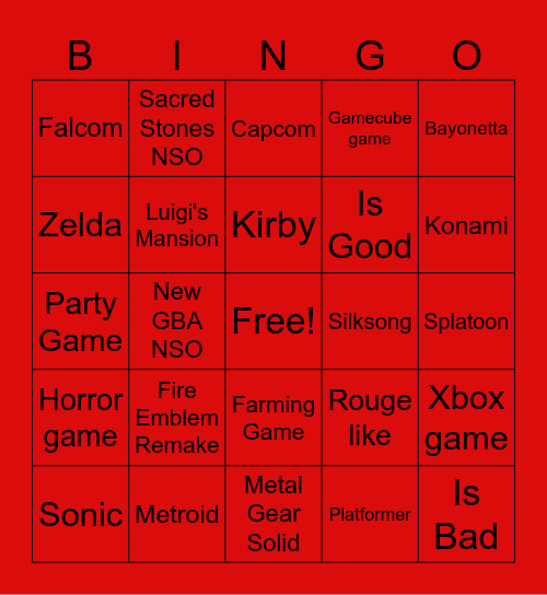 Nintendo direct Bingo Card