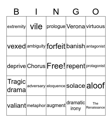 ENGLISH I VOCABULARY Bingo Card