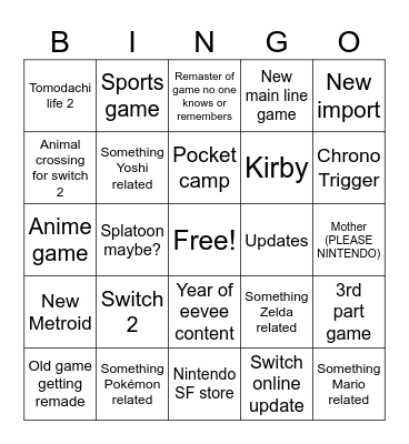 Nintendo Direct Bingo Card