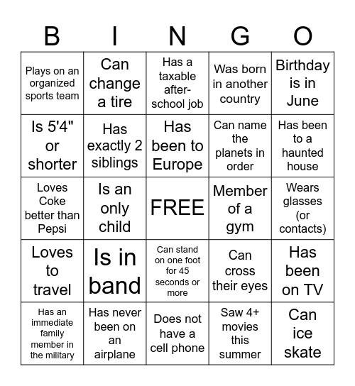 Get to Know You Bingo Card