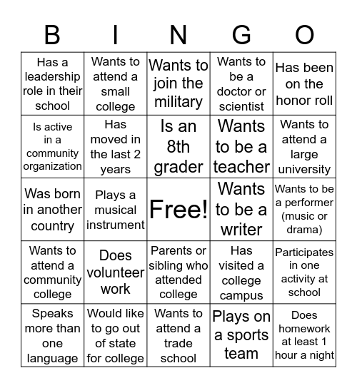 College/Career Bingo Card