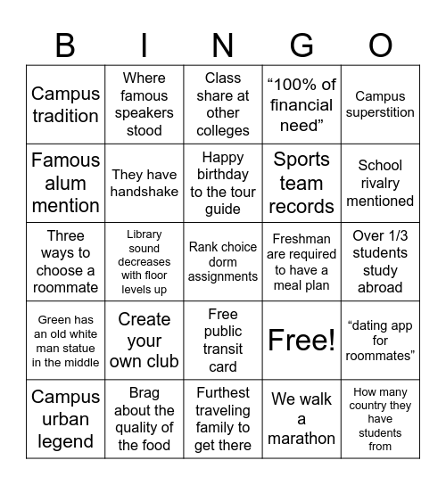 College Tours Bingo Card