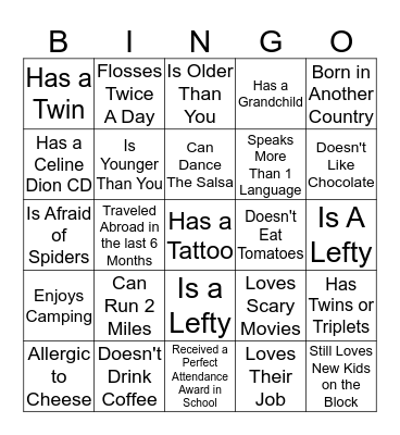 Getting To Know You Bingo Card