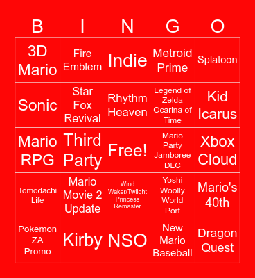 Nintendo Direct March 2025 Bingo Card
