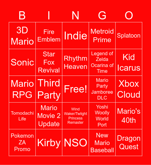 Nintendo Direct March 2025 Bingo Card