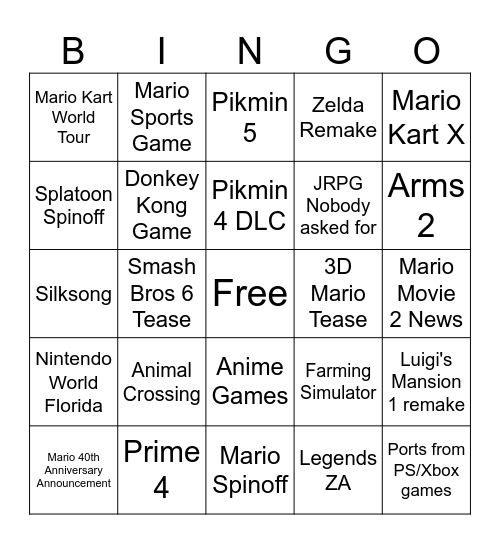 Nintendo Direct Bingo Card