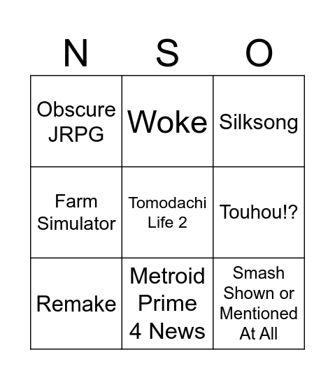Nintendo Direct 3/27/2025 Bingo Card