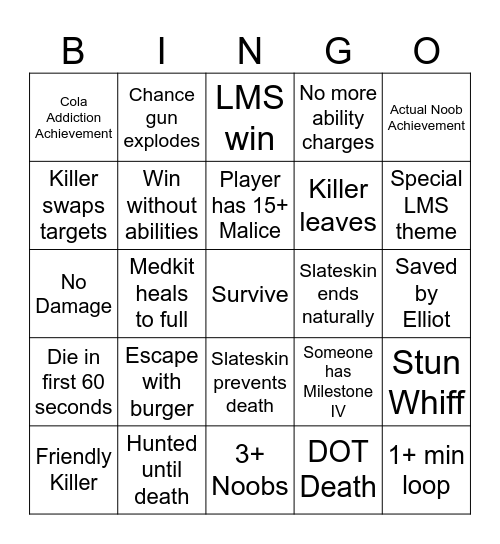 Forsaken Bingo: Noob Bingo Card
