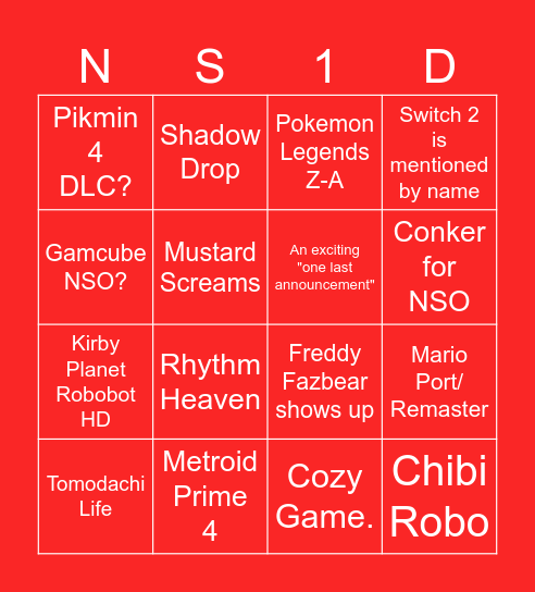 Nintendo Direct BINGO Card
