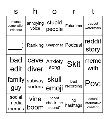 shorts bingo Card