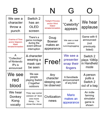 Nintendo direct take 3/26/25 Bingo Card