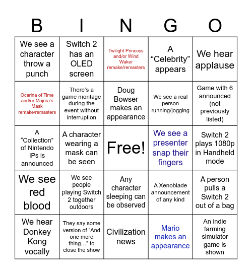 Nintendo direct take 3/26/25 Bingo Card