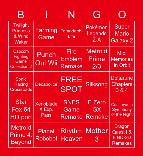 FINAL NINTENDO SWITCH DIRECT Bingo Card