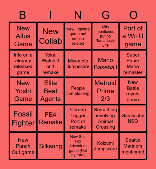 Nintendo Direct 3/27 Bingo Card