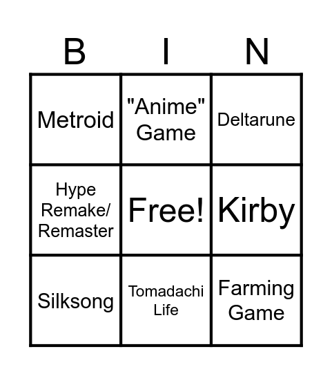 Nintendo Direct Bingo Card
