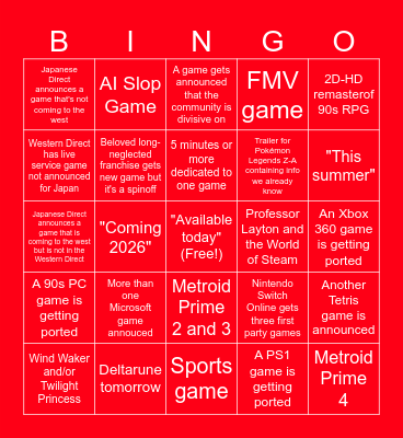 March 27 Nintendo Direct Bingo Card