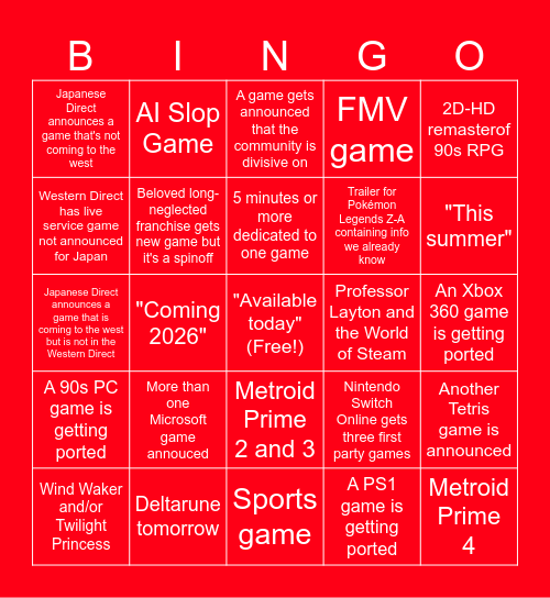March 27 Nintendo Direct Bingo Card