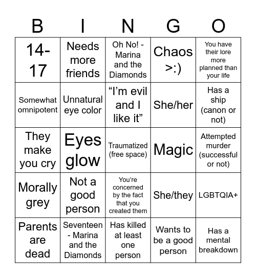 Maddie character bingo >:) Bingo Card