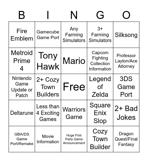Nintendo Direct 3/27/2025 Bingo Card