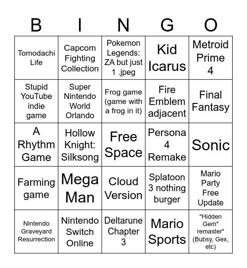 Nintendo direct 3.27.25 Bingo Card