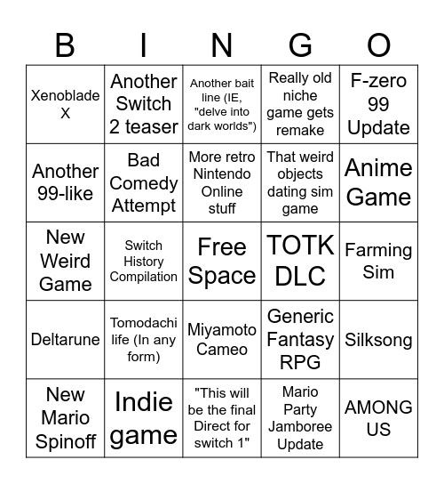 Last Switch 1 Direct Bingo Card