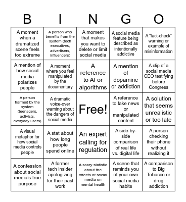 The Social Dilemma Bingo Card
