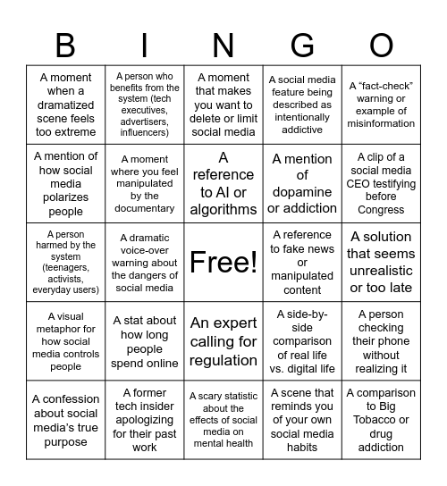 The Social Dilemma Bingo Card