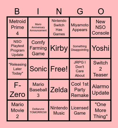 3/27/25 Nintendo Direct Bingo Card
