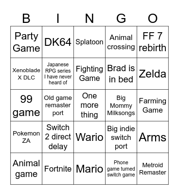 Nintendo Direct Bingo Card