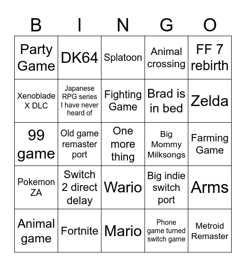 Nintendo Direct Bingo Card