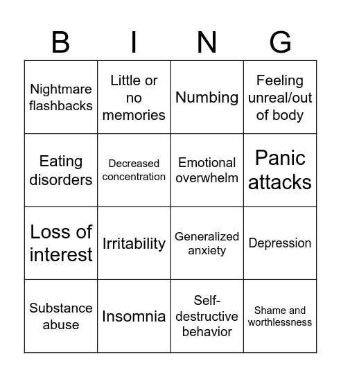 Symptons of Trauma Bingo Card