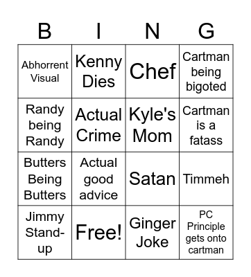 South Park Bingo Card