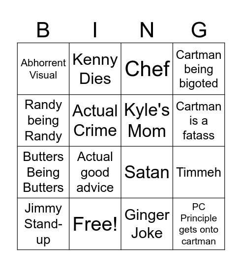 South Park Bingo Card