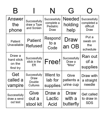 Phlebotomy BINGO Card