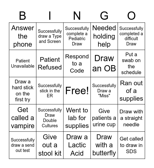 Phlebotomy BINGO Card