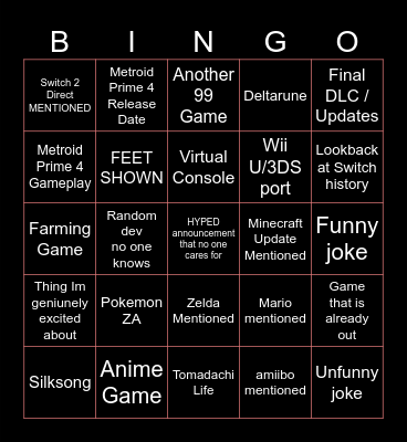 Nintendo Direct 3/27 Bingo Card
