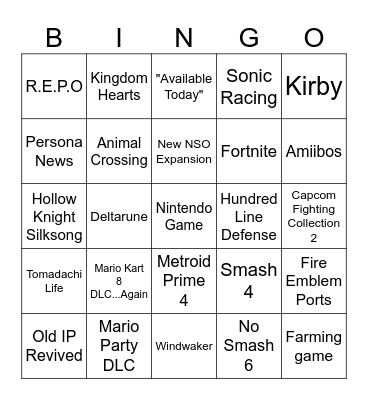 Nintendo Direct 3/27/25 Bingo Card