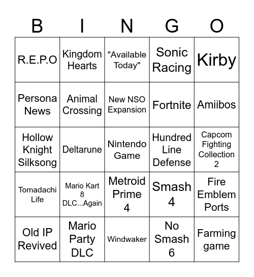 Nintendo Direct 3/27/25 Bingo Card