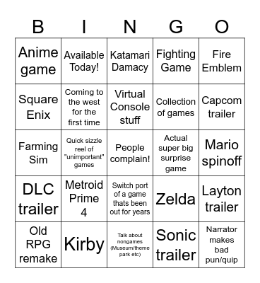 Nintendo direct Bingo Card