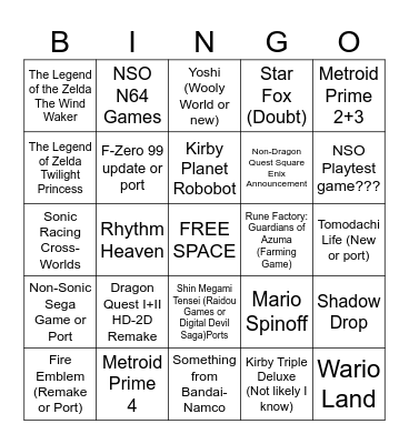 Brenden's Nintendo Direct 3/27/2025 Bingo Card Bingo Card