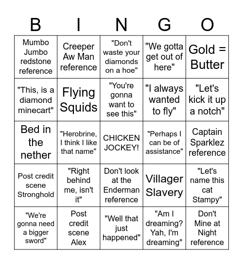 Minecraft Movie Bingo Card